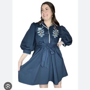 JODIFL Navy Long Sleeve Embroidered Dress